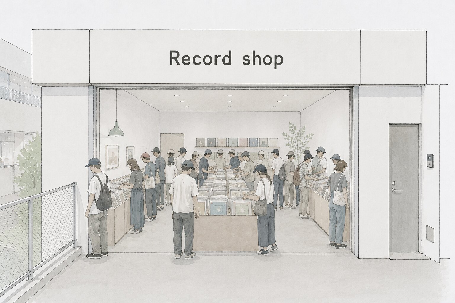 Illustration of customers browsing records inside a record shop