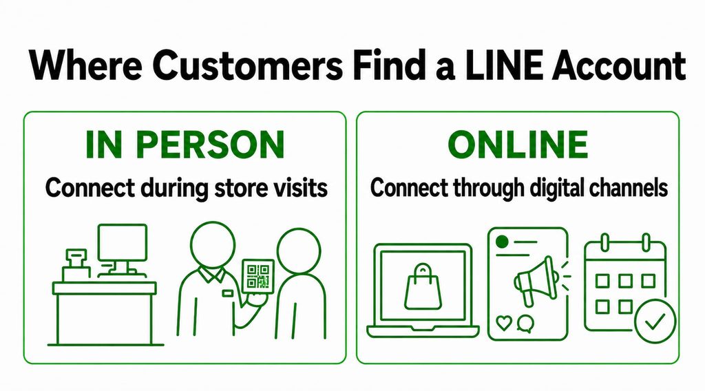 In-person and online ways customers can find a business’s LINE account, including store visits, staff-held QR codes, websites, social media, and reservations.